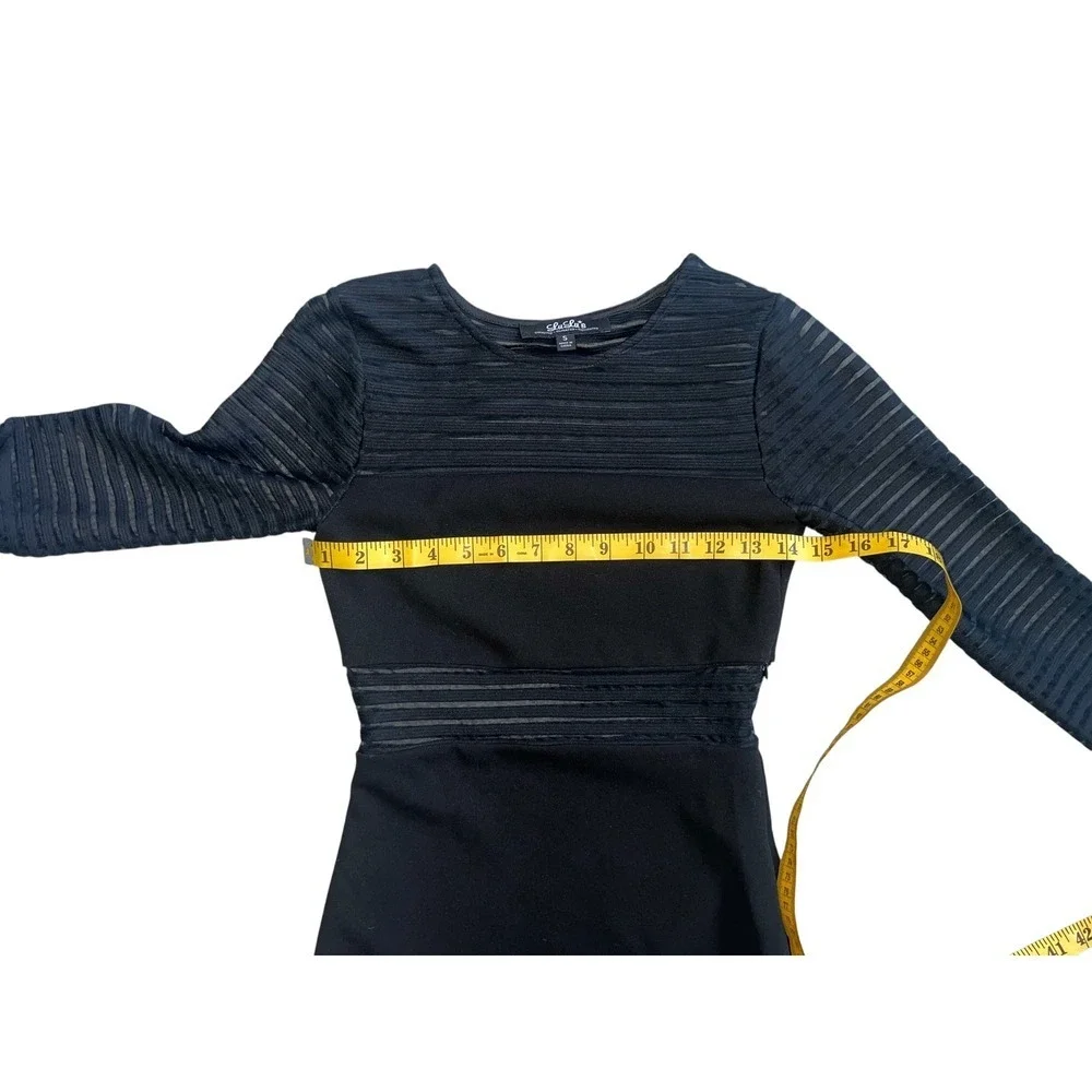 Black Mesh Sleeve Ponte Knit Bodycon Dress Sz S 3/4 Sleeve Minimalist Y2K Chic - Picture 4 of 9